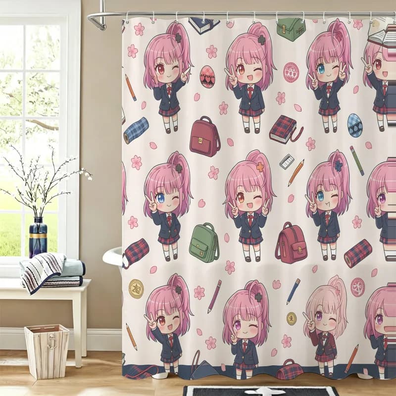 Cartoon print shower curtain, waterproof fabric, suitable for teenage anime girls, modern home bathroom decor. Includes hooks.
