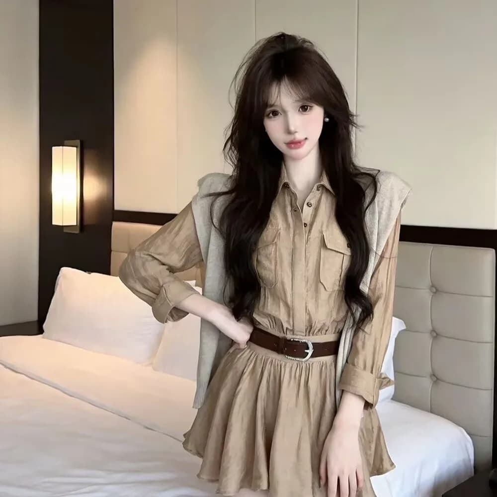 2026 Autumn New Style Hepburn Workwear Puffy Waist Dress Women's Shoulder Shawl Waist Belt 3-Piece Set Loose Fit Short Length