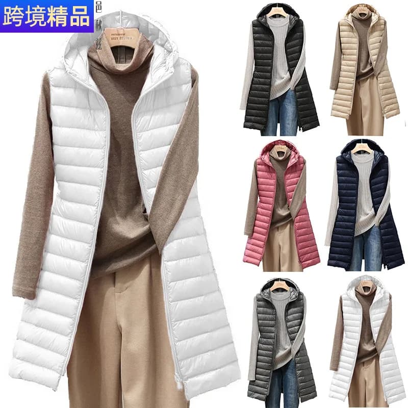 Ladies Medium and Long Style Pure Color Hooded Light down Cotton Vest Jacket Autumn and Winter Slim Sleeveless Women Parkas Vest