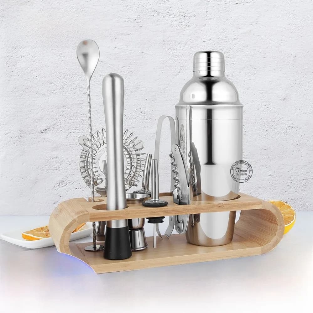 Nuovo Set Shaker per Cocktail in Acciaio Inox con Base in Legno e Supporto per Stoccaggio, Kit Professionale per Barman per Miscelare Bevande