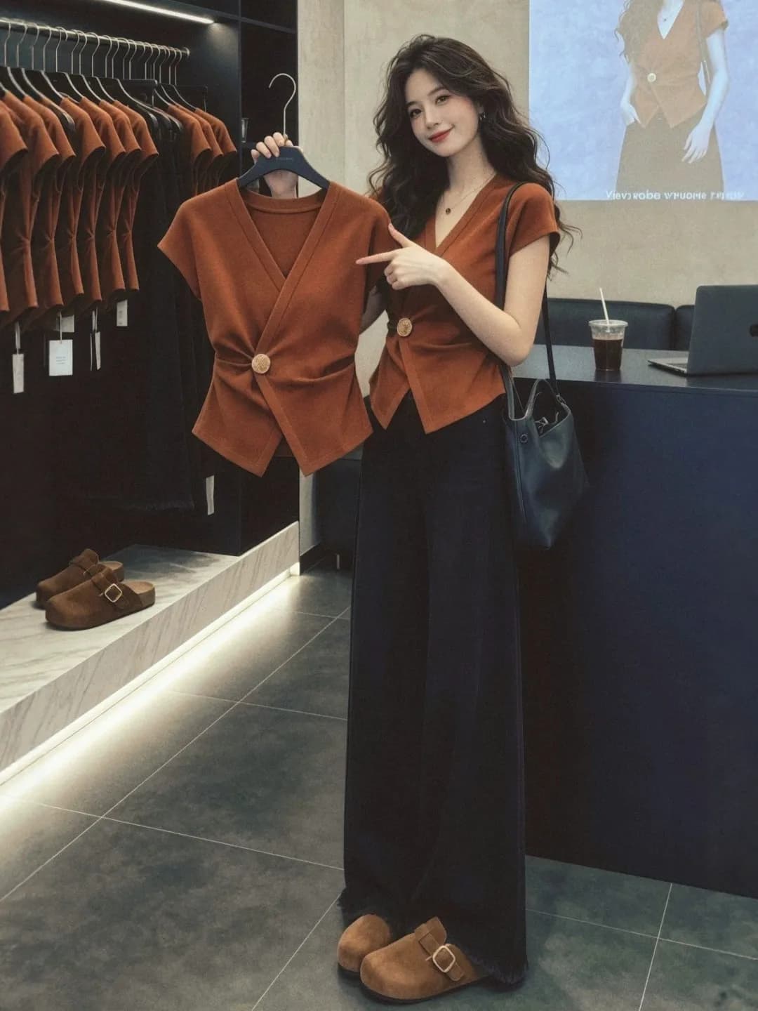 Caramel V-neck Cross Waist Short-sleeved T-shirt Women's Summer New plus Size Slimming Shoulder-baring Meat Concealing Top