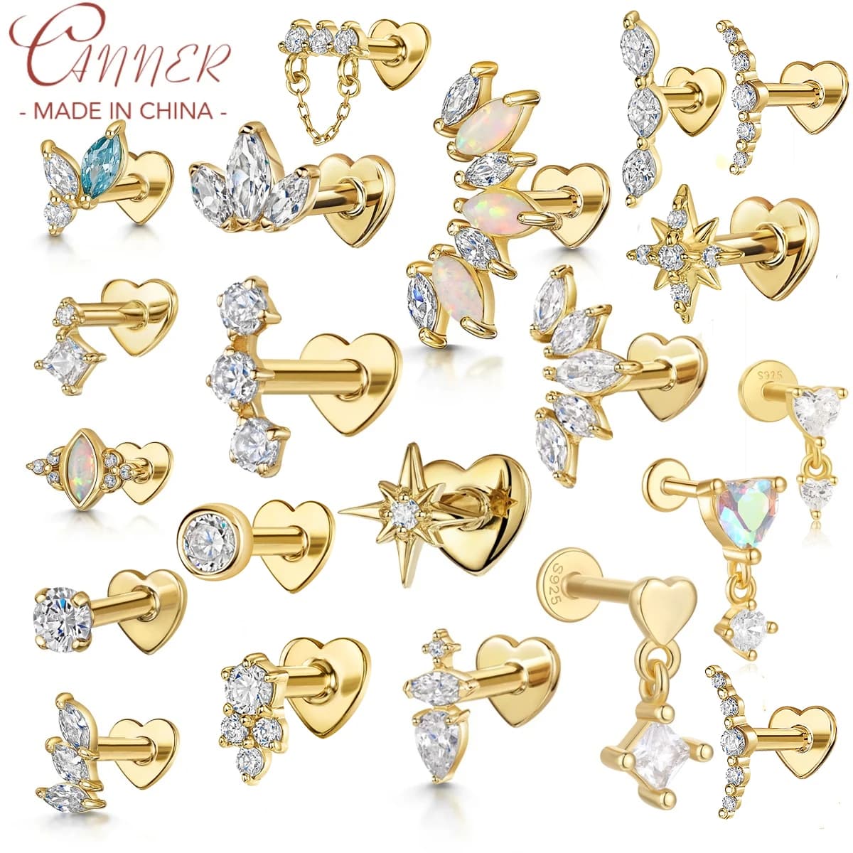 CANNER 1PC Nuovo S925 Sterling Silver a forma di cuore Zircone Cartilagine Penetrante Piatto Orecchino Della Vite Prigioniera per Le Donne Trago Helix Gioielli