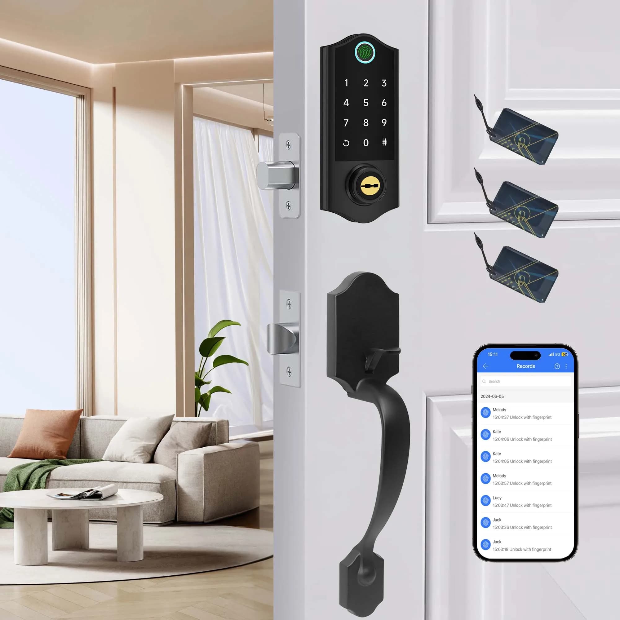 Keyless Entry Door Lock with Handle, Fingerprint DeadboltDoor Lock, Smart Door Locks for Front Door, ElectronicDigital Keypad Lock, Easy to Install, Black