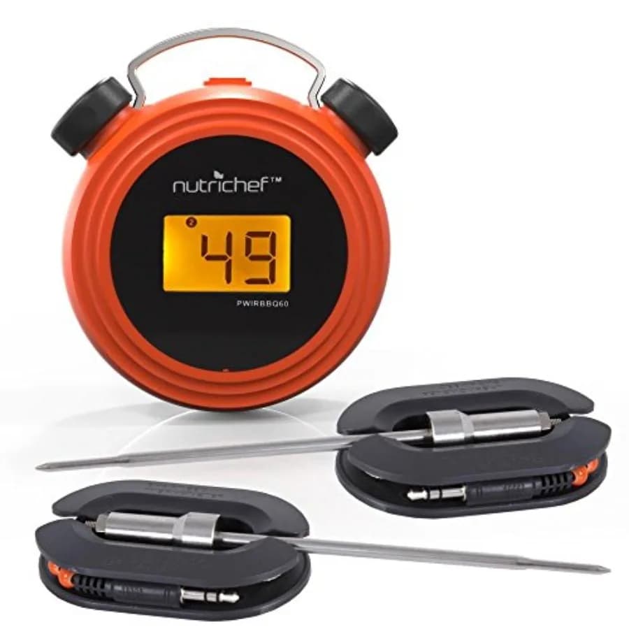 Smart Bluetooth Thermometer for Barbecue with Digital Display, Double Stainless Steel Round, Red Wireless Alarm for Barbecue Open