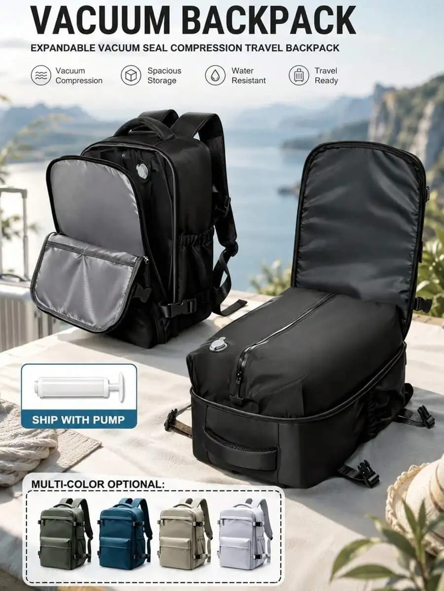 Large-capacity vacuum backpack travel bag, size 42*29* 15cm , expandable vacuum-sealed compression travel backpack, saves 50% of storage space, with multiple pockets, waterproof nylon backpack, practical and durable material 15.6inch pen