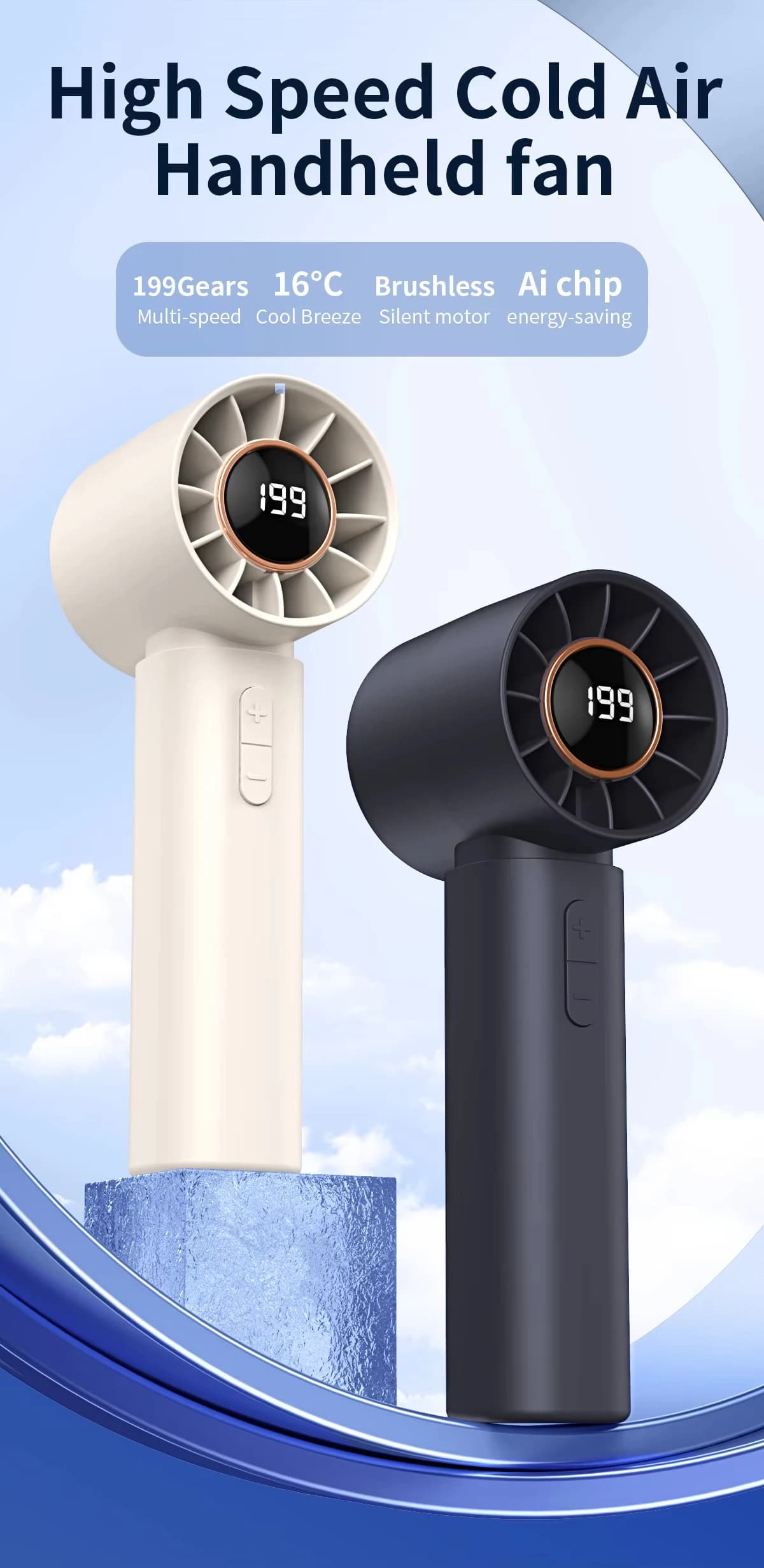 Mini Ventilatore Portatile con Funzione di Raffreddamento, Silenzioso, Alta Velocità, Display LED, Potente Flusso d'Aria, Ricarica USB, Ventilatore Portatile