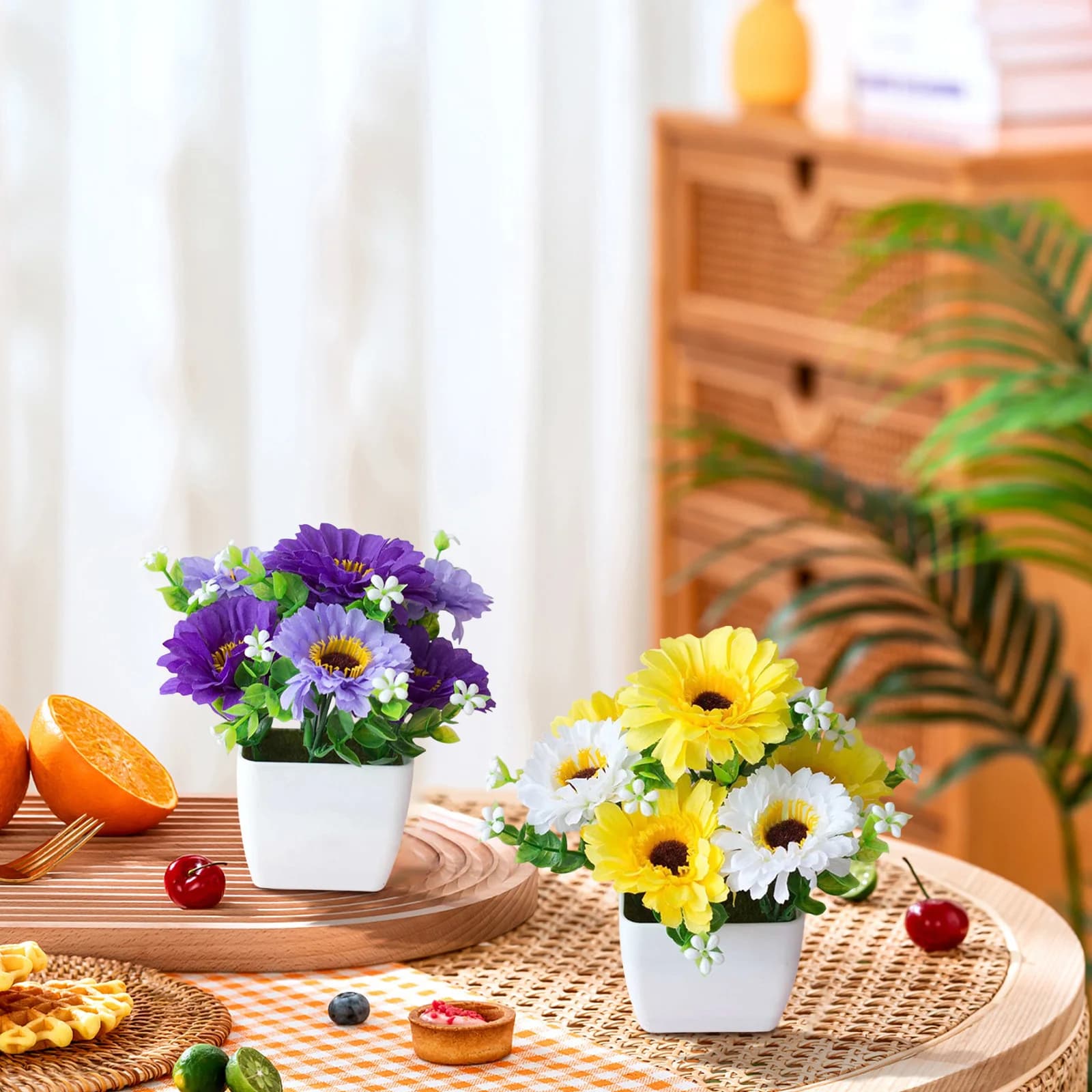 Artificial Chrysanthemum Flower Potted Plant Lifelike Pot Bonsai Home Garden Ornaments Artificial Outdoor Sunset Chrysanthemum