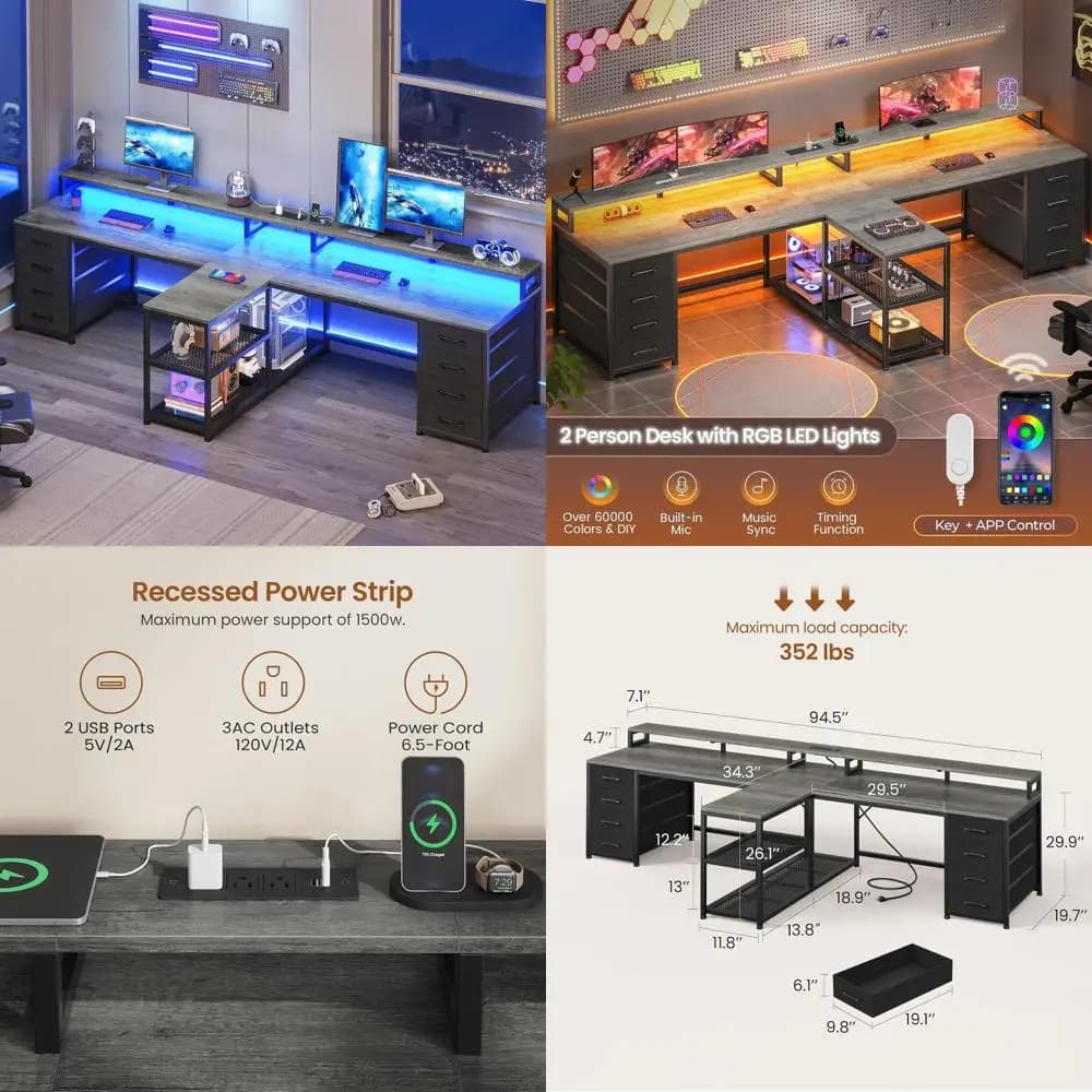 Scrivania Doppia con Spazio di Archiviazione, 8 Cassetti, Luci LED, Multipresa e Supporto per Monitor per Gaming e Ufficio Domestico, Grigio