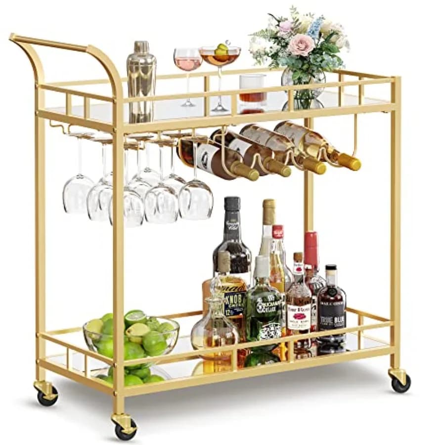 Carrello Bar Dorato, Carrello di Servizio per Casa con 2 Ripiani a Specchio, Portabottiglie e Portabicchieri per Cucina e Sala da Pranzo, Oro U