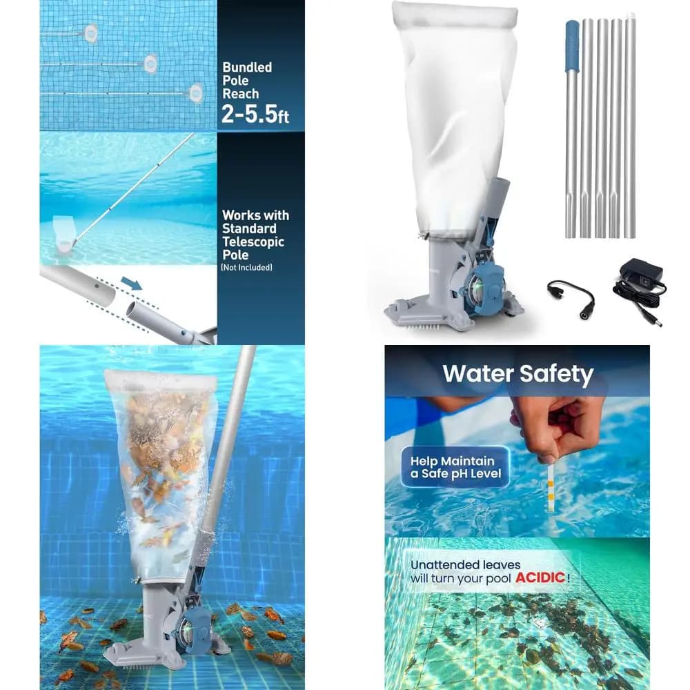Rechargeable pool vacuum cleaner for medium service, 75-minute autonomy, large leaf filter and debris, suitable for basements and Abo