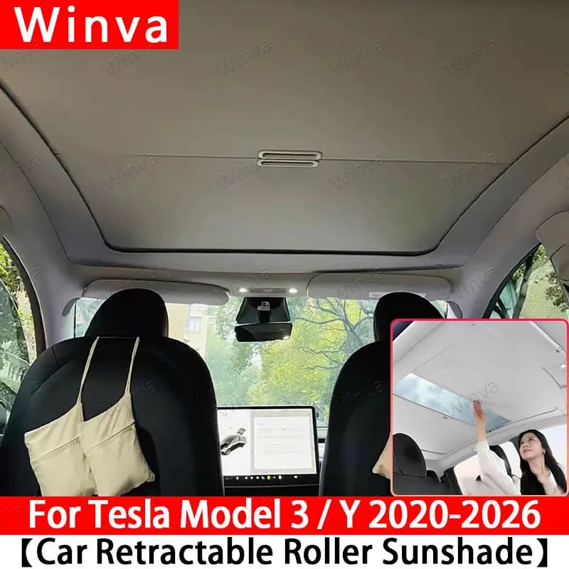 Retractable Sunroof Shade for Tesla ModelY 2020-2026Juniper Model 3 2020-2026 Original color Roll-Up Sun Visor Pleated Sunscreen