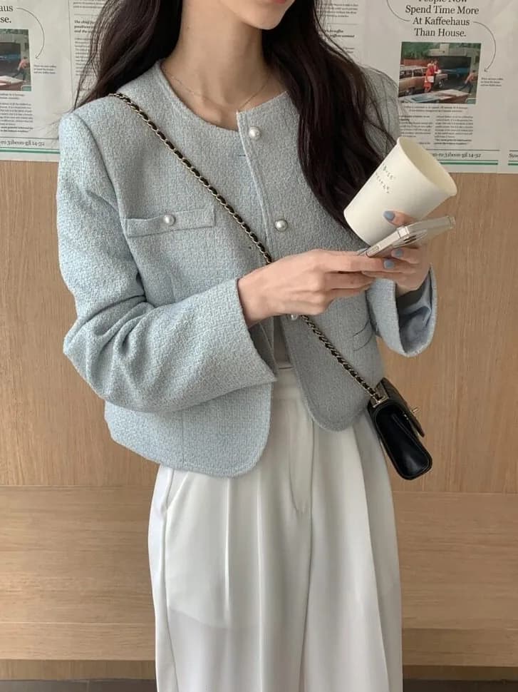 Korean Style Two-Tone Versatile Korean Coarse Tweed Jacket Elegant Personality Matching All Seasons Women's Fashion Outerwear