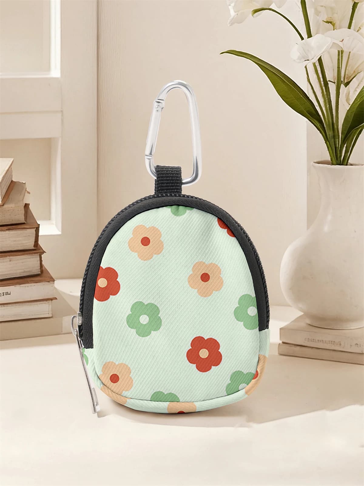 Mini portafoglio stampato con motivo floreale, borsa per il cambio con cerniera con clip a gancio, borsa per chiavi per cuffie, adatta per uomini e donne