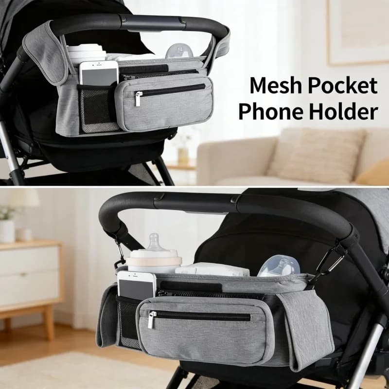 Borsa portaoggetti grande multi-scomparto per passeggino, organizer resistente in tessuto Oxford con tasca a rete, porta telefono e scomparti per bicchieri