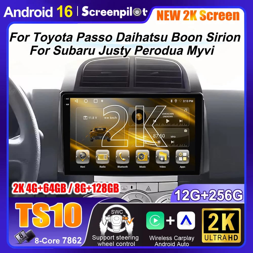 Android 16 per Toyota Passo, Daihatsu Boon, Sirion, Subaru Justy, Perodua Myvi, schermo multimediale, navigazione GPS, autoradio.