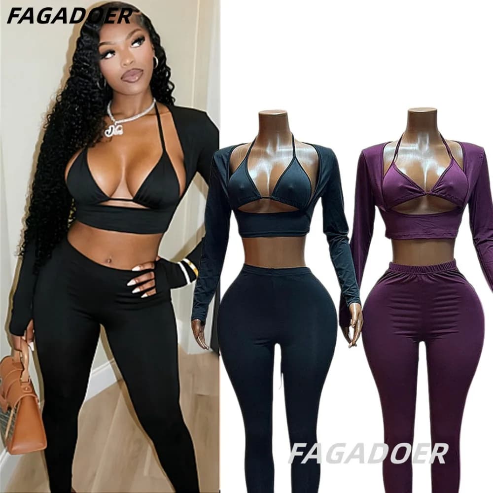 FAGADOER Women 3 Piece Set Halter Crop Top Shrug Long Sleeve High Waist Skinny Pants Sexy Bodycon Y2K Clubwear Matching Outfit