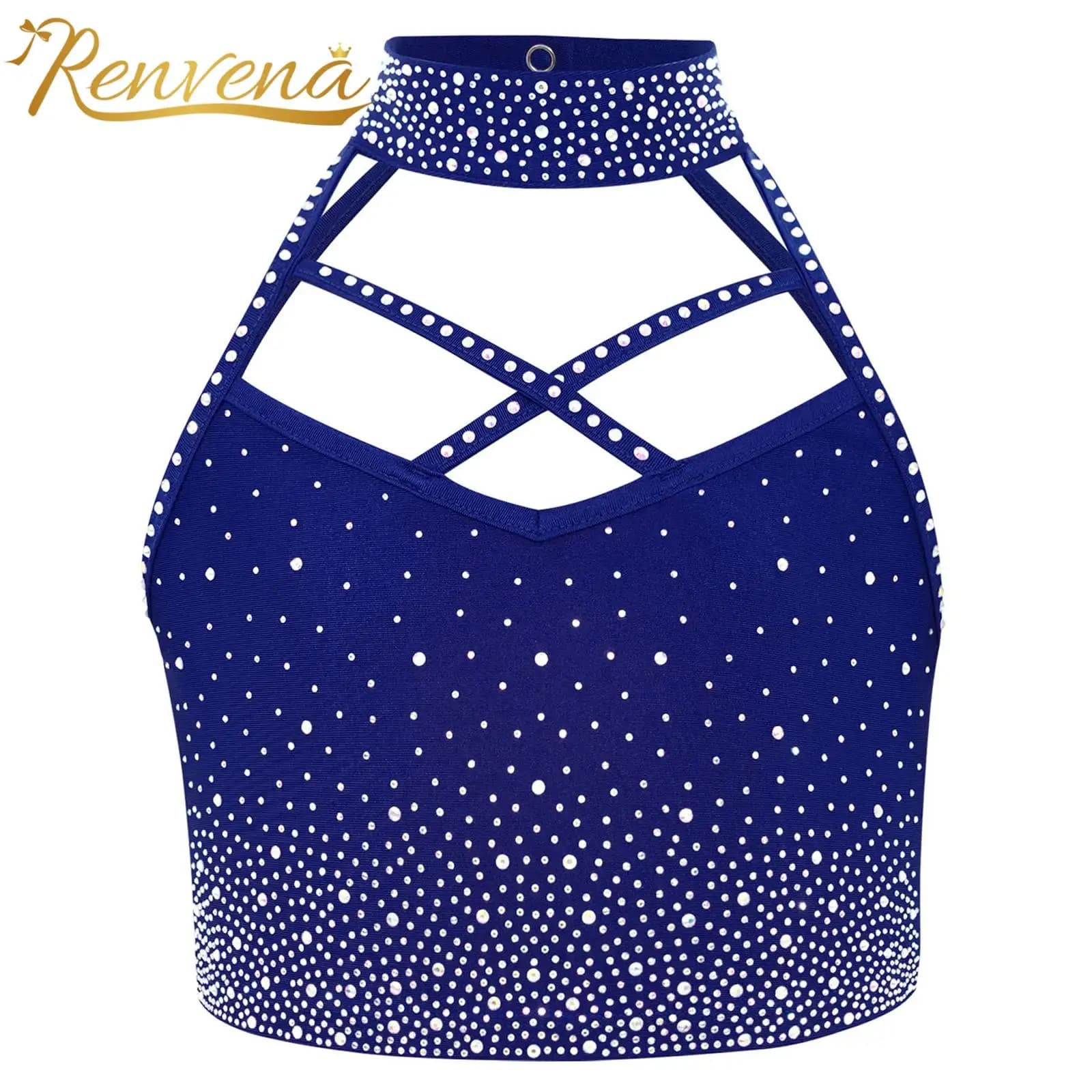 Top Corto da Bambina per Danza, Ginnastica e Pattinaggio Artistico, con Scollo all'Americana, Senza Maniche, Incrociato sul Davanti e Strass
