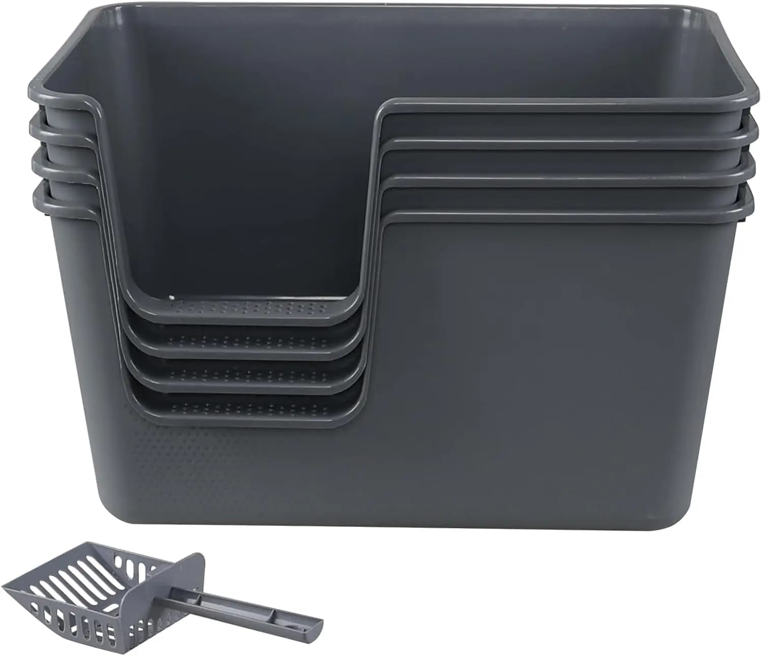 Set di 4 Lettiere per Gatti Extra Large in Plastica con Bordi Alti, Lettiera Aperta con Paletta per la Pulizia, Grigia