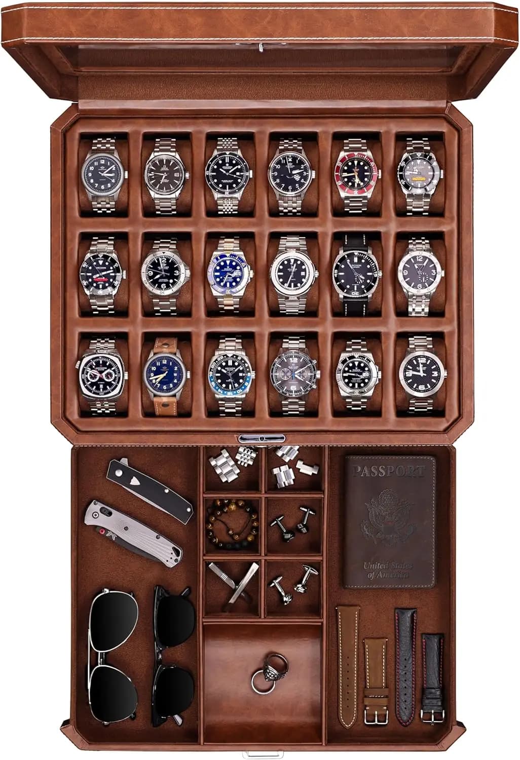 Espositore per Orologi a 18 Scomparti con Cassetto, Coperchio in Vetro Reale, Scatola Espositiva Bloccabile per Collezioni (Marrone Chiaro/Marrone)
