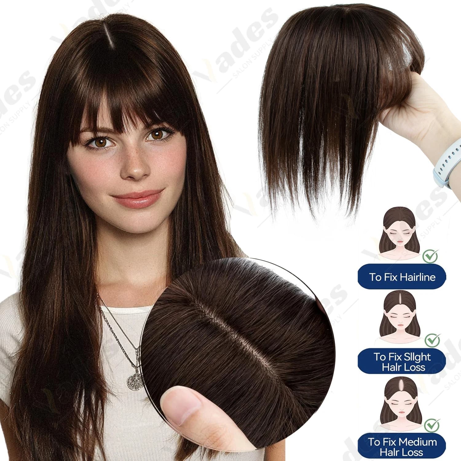 Topper per capelli da donna in vero capello umano 360 ° Copricapo 3D Big Basement Cover per Donne con Corona Sottile e Frangia Sfilacciata con Clip
