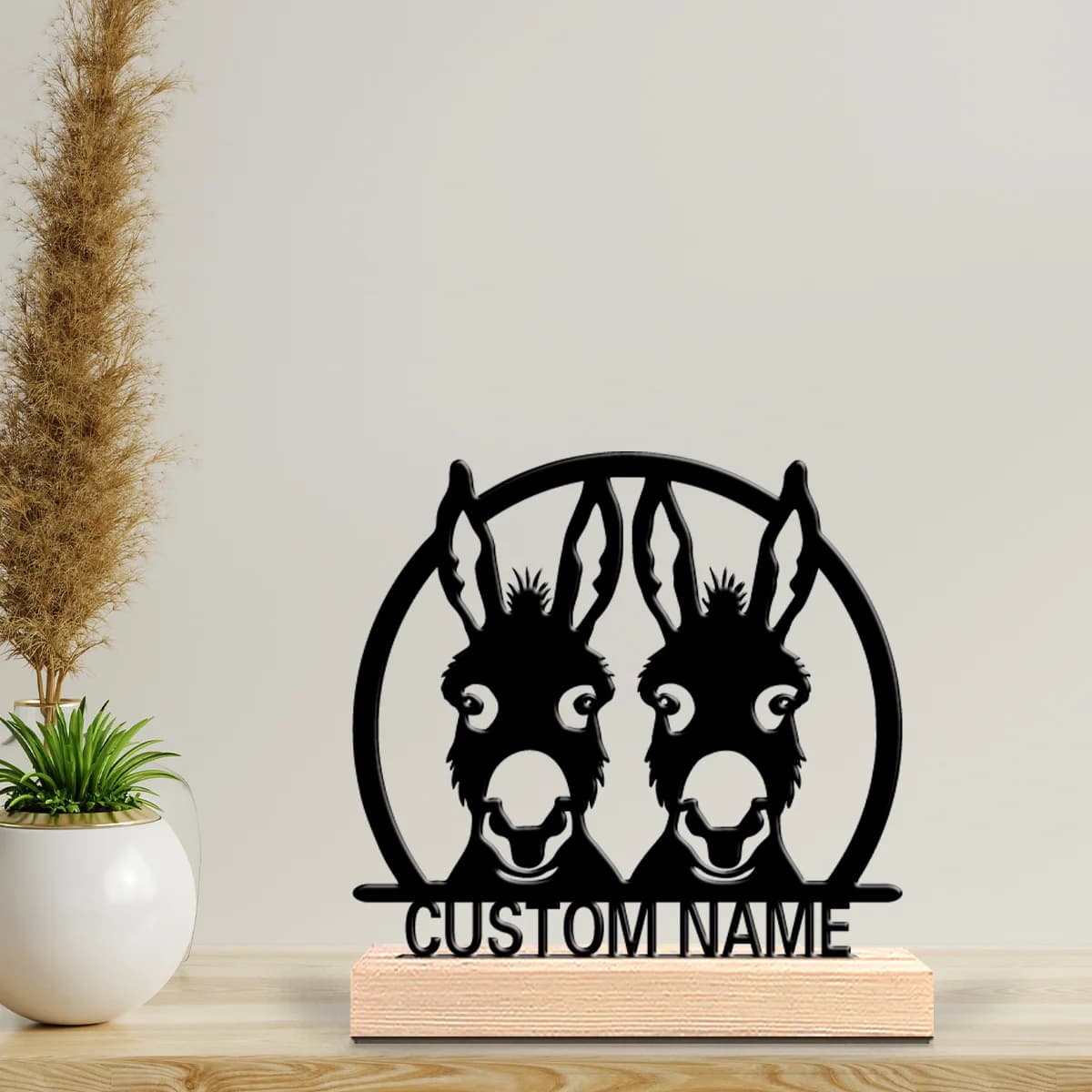 1 statuetta in metallo personalizzata con due asini, nuovo design, con base in legno, decorazione da tavolo a tema fattoria.
