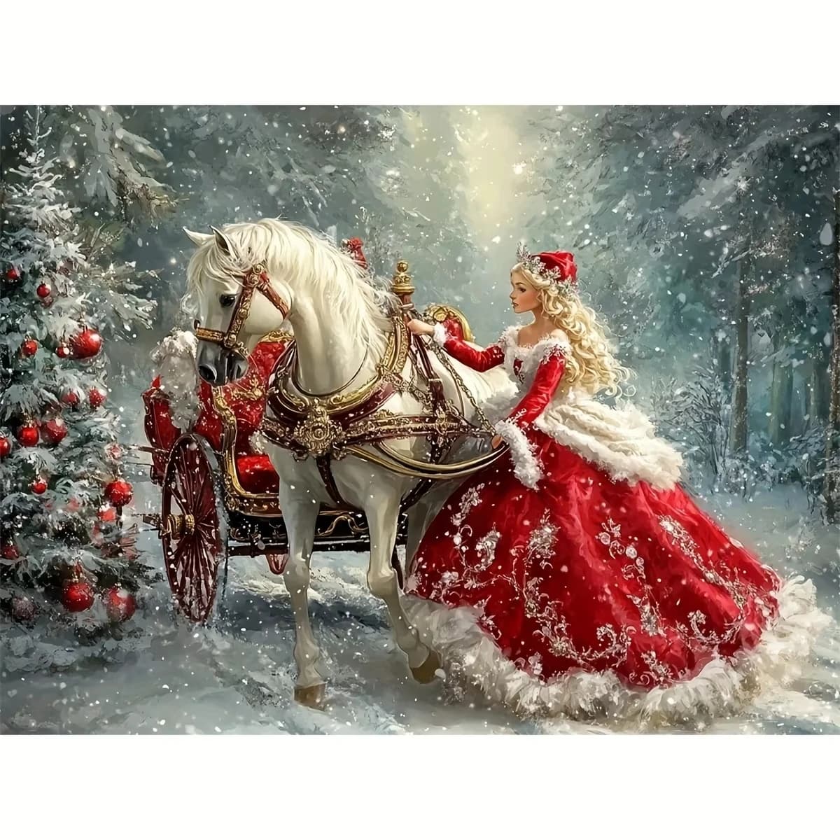 DIY Christmas Winter Lady Horse Sleigh Diamond Painting, Red Floral Ball Gown Snow Forest Xmas Tree Holiday Wall Decor Gift