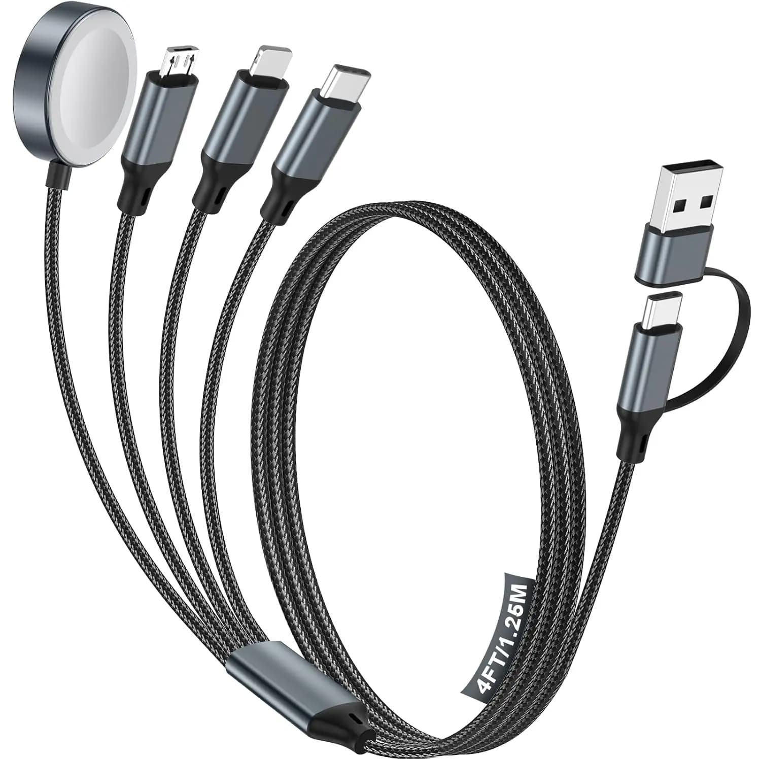 Cavo di Ricarica Multiuso 4-in-1 per Apple Watch, iPhone, Samsung, USB A e C, 1,2M Nero, Essenziale per Viaggi