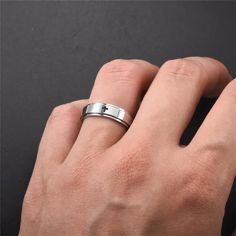 Anello Girevole Antistress in Acciaio Inossidabile Nero Mini Croce, Gioiello Antistress e Antiansia, Anelli da Festa per Ragazze, Regali