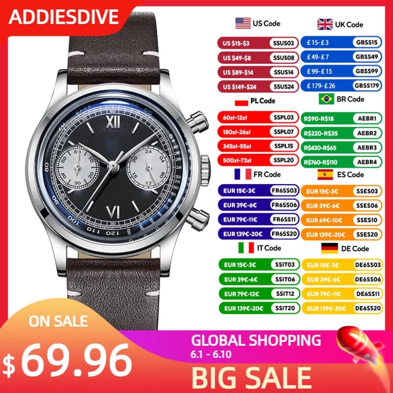ADDIESDIVE 38 mm quartz chronograph watch for man 100 m stainless steel waterproof wristwatch with VK64 dome mirror
