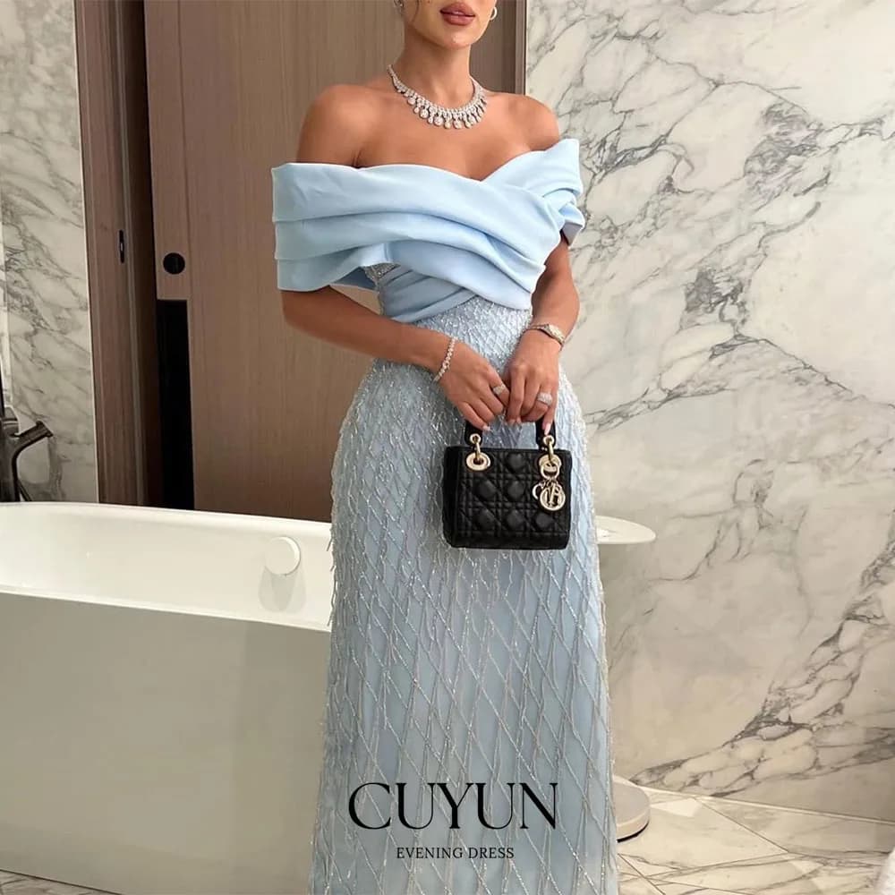 CUYUN Abito da sera da donna di lusso con spalle scoperte e perline Abito da sera per occasioni speciali Abito dritto alla caviglia personalizzato