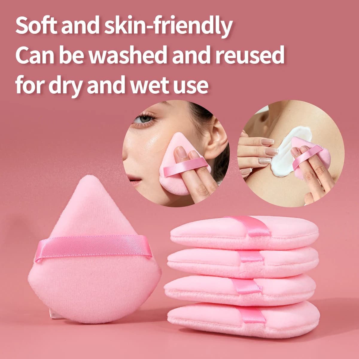 5Pcs Triangle Velvet Makeup Puff Pink Wedge Shape Makeup Sponge Puffs With Strap Soft Foundation Setting Powder Applicator For F