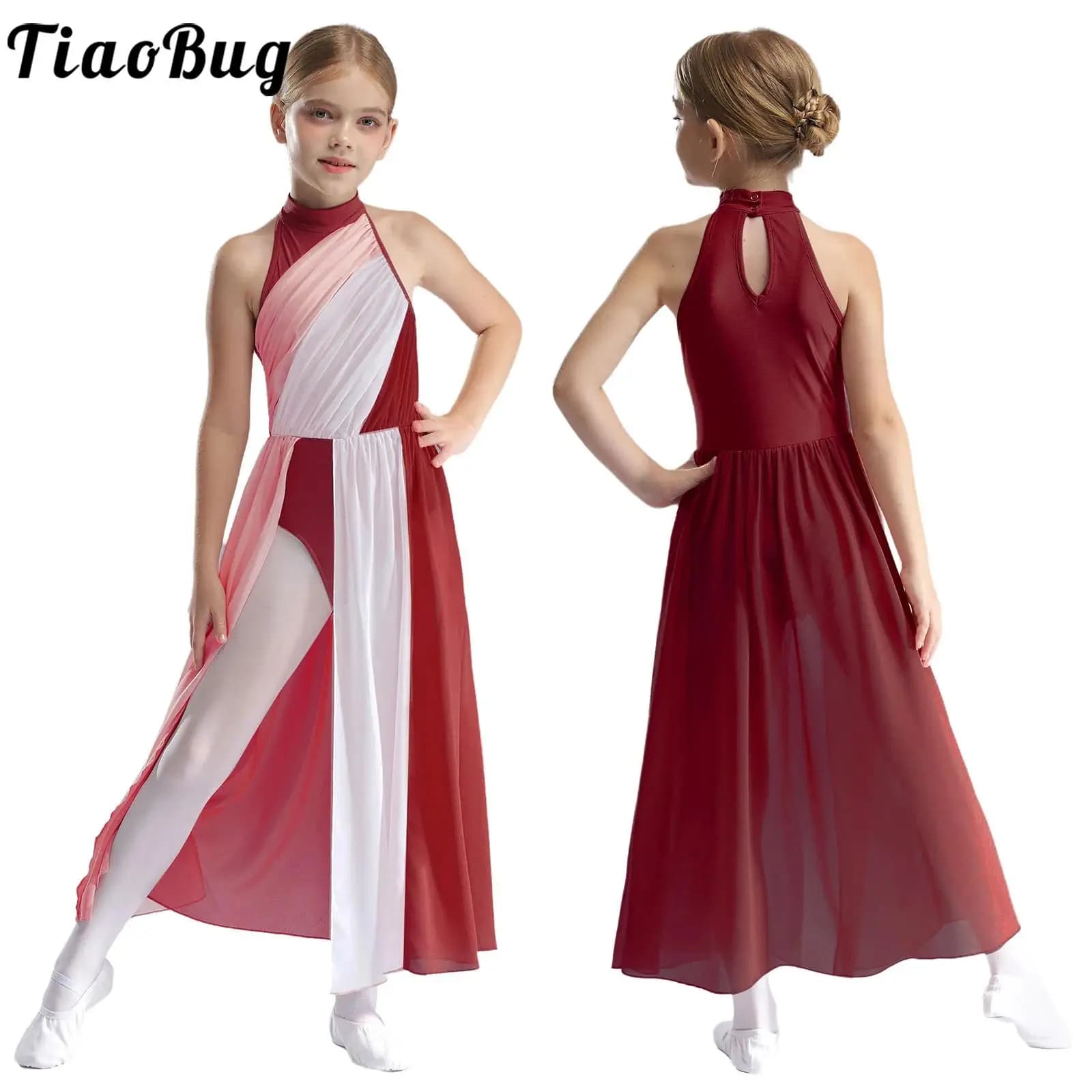 Body da ginnastica diviso in rete a blocchi di colore per balletto per bambina con gonna Costume da danza contemporanea per pattinaggio su ghiaccio