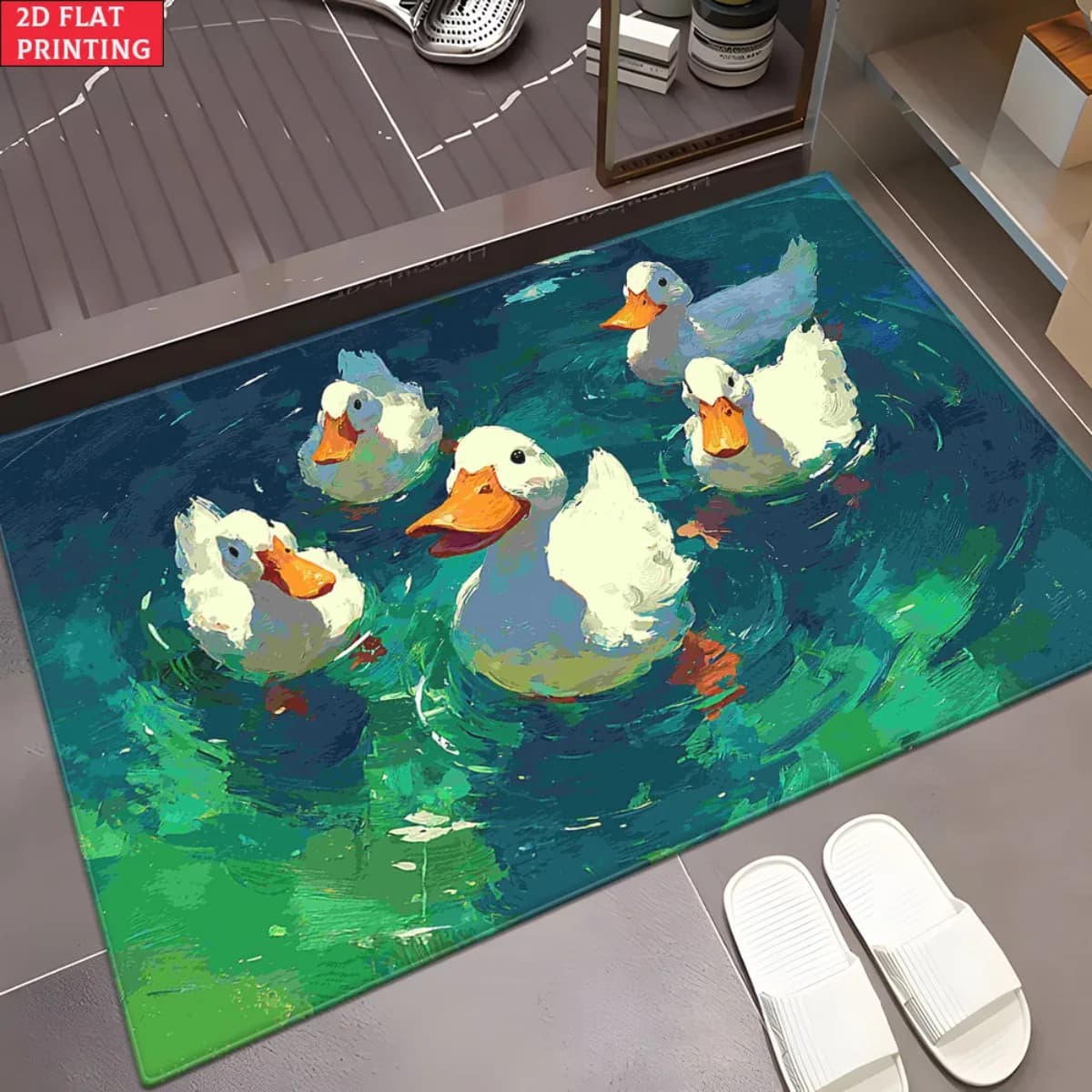 Tappeto Duck Pond – Grazioso design con animali acquatici, tappetino verde a tema natura per bagno e soggiorno
