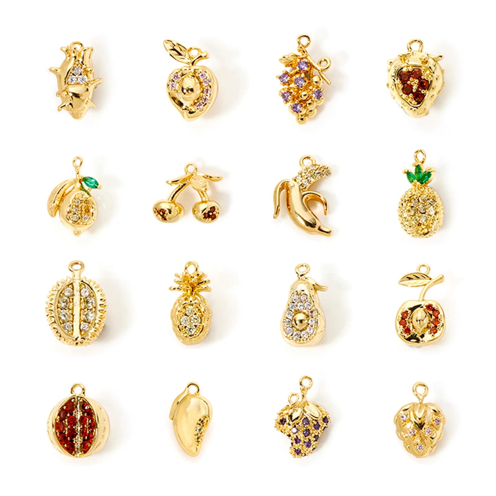 2 Pezzi Ciondoli 3D in Ottone a Forma di Frutta (Avocado, Melograno, Ciliegia, Pesca, Uva) Placcati Oro 18K per Creazione Gioielli Collane Fai da Te