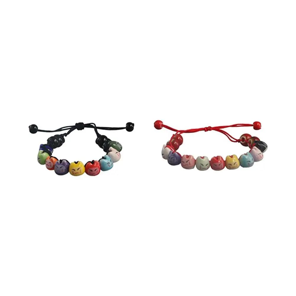 Braccialetto Maneki Neko in Ceramica Stile Cinese, Bracciale Fatto a Mano con Perline in Argilla Polimerica a Forma di Gatto, Accessori Gioiello Gatto Portafortuna