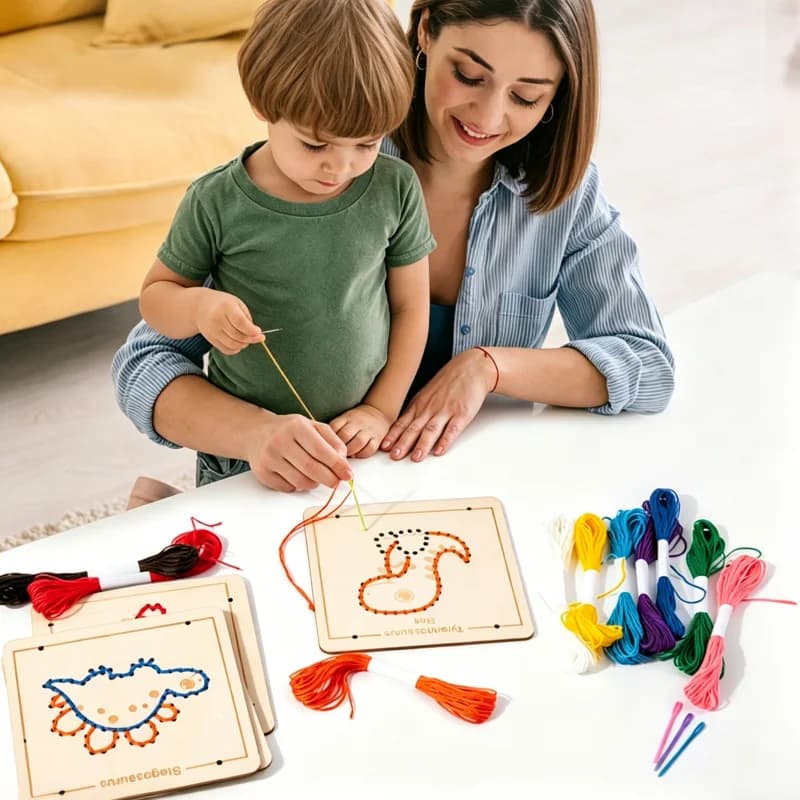 Set di Tavole in Legno per String Art per Bambini - Giocattolo di Infilatura con Dinosauri e Animali, Tavola Montessori per l'Apprendimento delle Abilità Motorie Fini