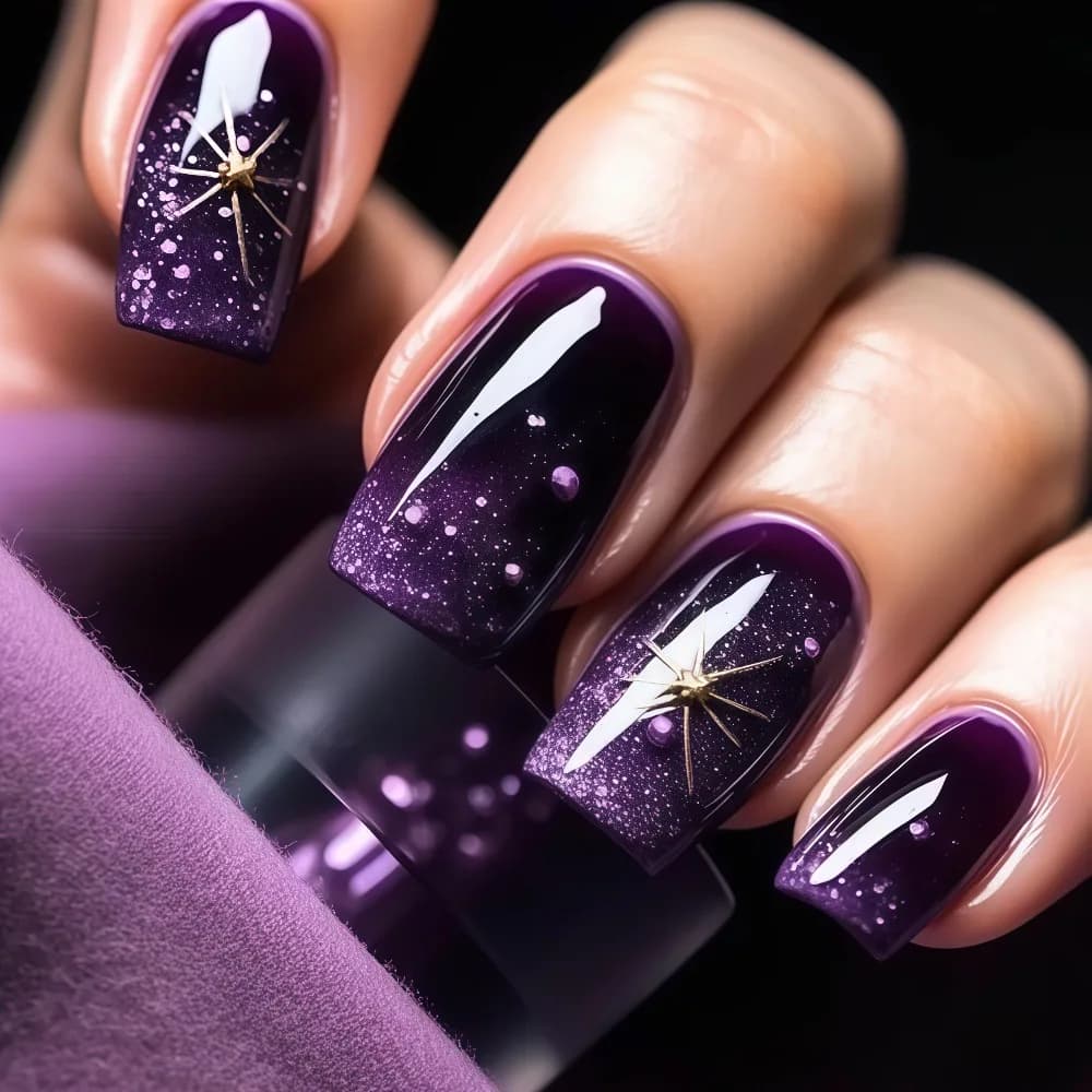 Short and medium purple-blue faded nails, square tips with golden and silver starry stars, press-on nails for nail art.
