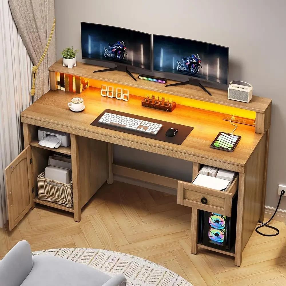 Office Desk in Rovere with Electric Drawers, Computer Desk in Rattan with LED Lighting and Monitor Support, Mobile Container for Home Office