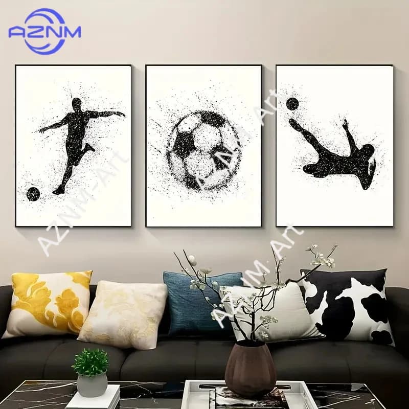Set of 3 Posters on Canvas with Sports Printing, Soccer Squares on Canvas, Living Room Wall Posters, Bedroom, Bathroom, Office