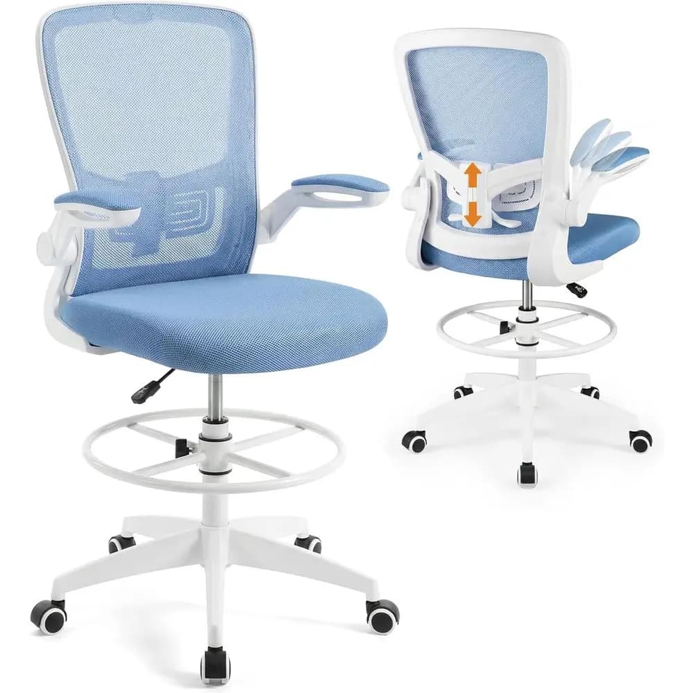 Set di 2 sedie da ufficio ergonomiche con schienale alto, braccioli regolabili e poggiapiedi, rete traspirante, blu