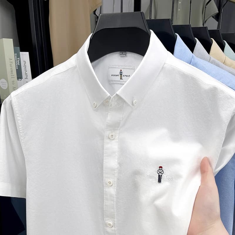 Men's Spring and Summer New Cotton Collar Embroidered Shirt, Pure Cotton Casual Short Sleeve Brand High End Shirt