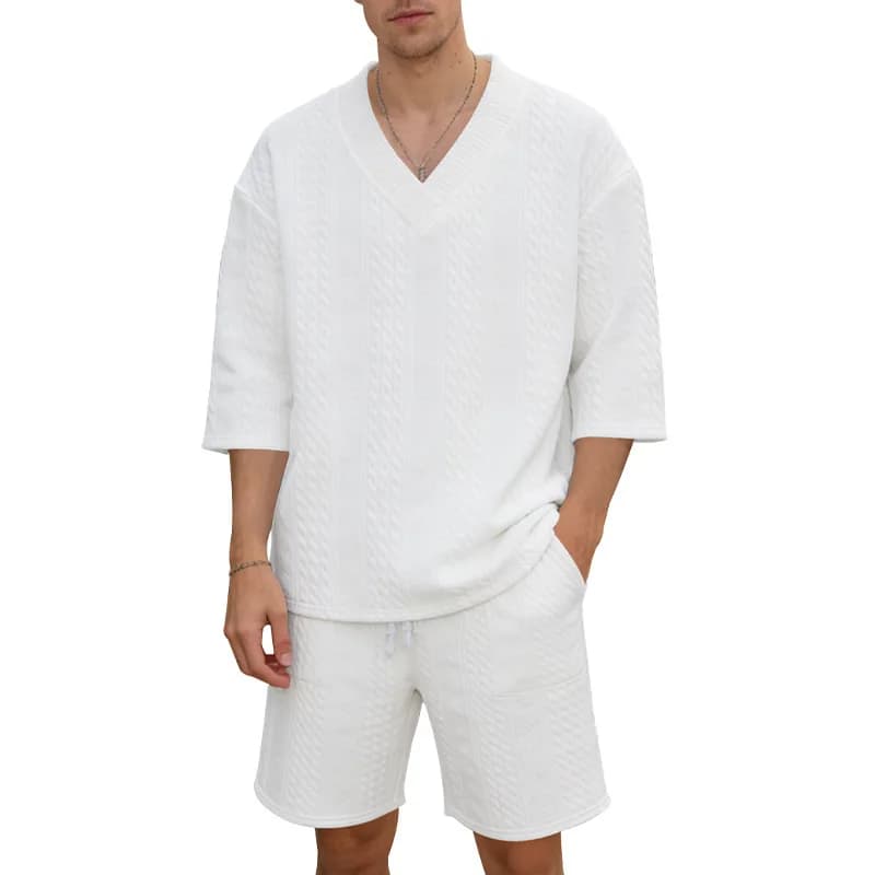 Mens Summer Cable Texture Two Piece Set Loose Drop Shoulder V Neck Short Sleeve Top Drawstring Shorts