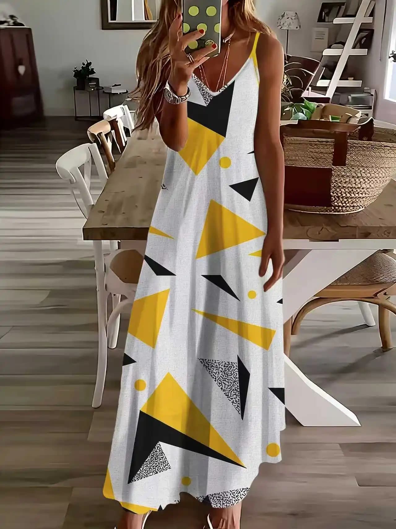 Printed Design Four season style vacation style yellow black and white triangle dress