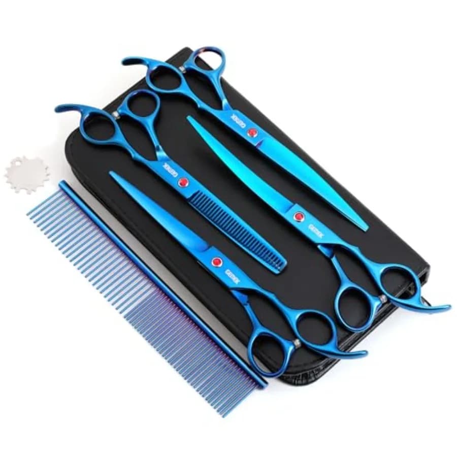 Set di Forbici Professionali in Titanio da 7.0 Pollici per Toelettatura Animali Domestici, 6 in 1: Forbici Diritte, Sfoltitrici, Curve Verso l'Alto e Curve Verso il Basso