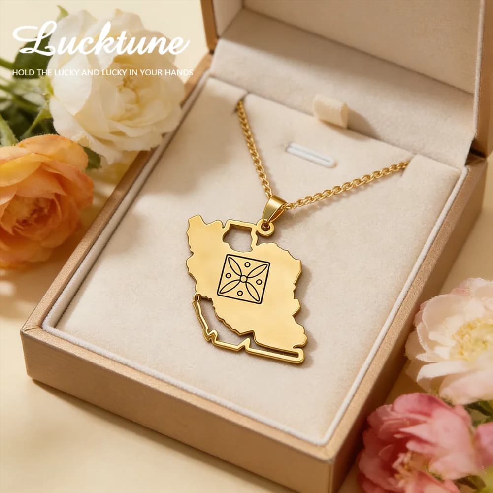 Necklace with map pendant by Iran Lucktune in stainless steel, design Kaveh flag, for woman, fashionable gold jewelry, new collection 2026 in balance