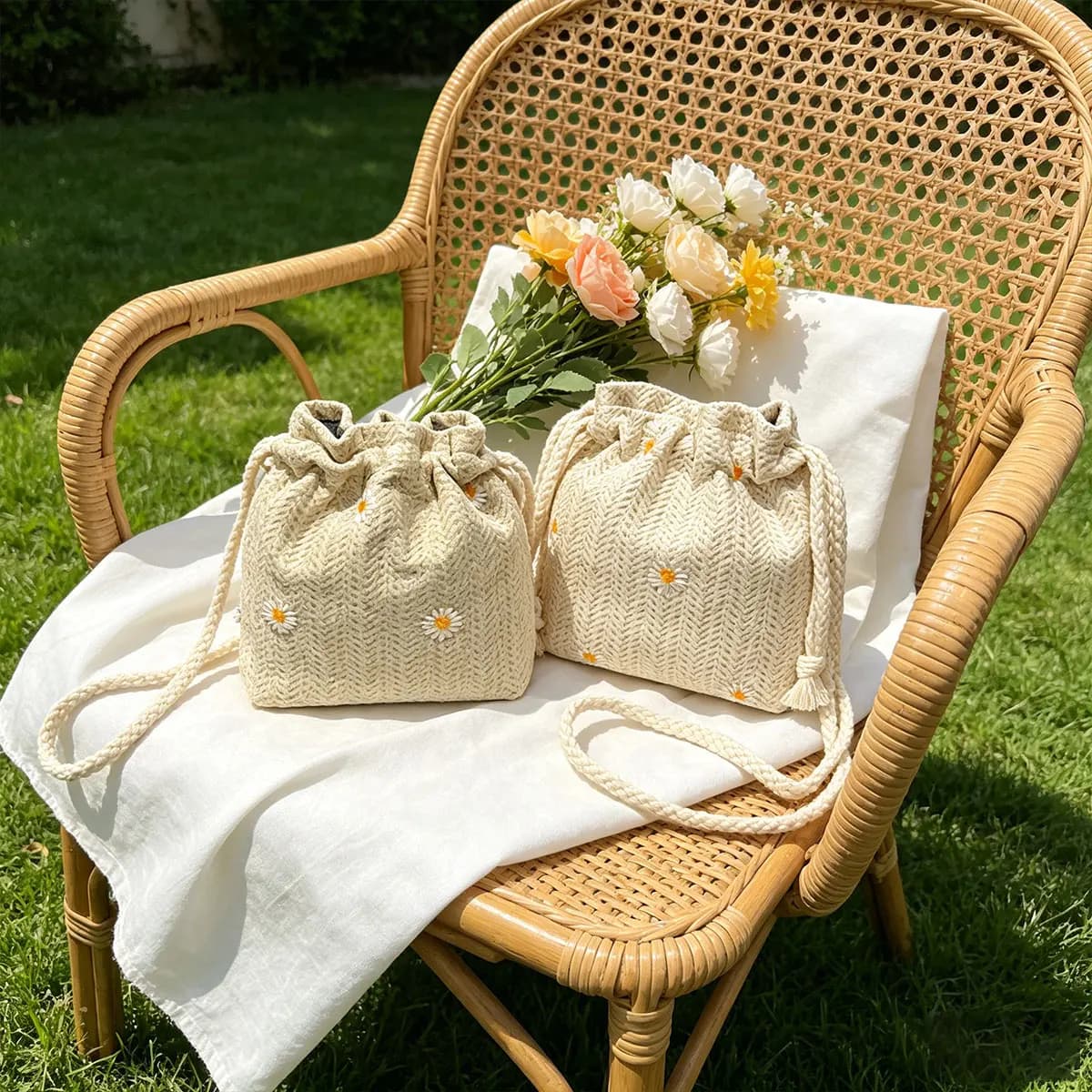 Borsa a secchiello mini in paglia intrecciata premium con cordino, borsa a tracolla singola, borsa casual da viaggio e vacanza