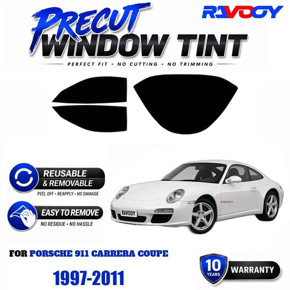 RAVOOY Precut Window Tint, Reusable Removable EPU Film, Custom Fit for Porsche 911 Carrera Coupe 1997-2011, UV Heat Protection