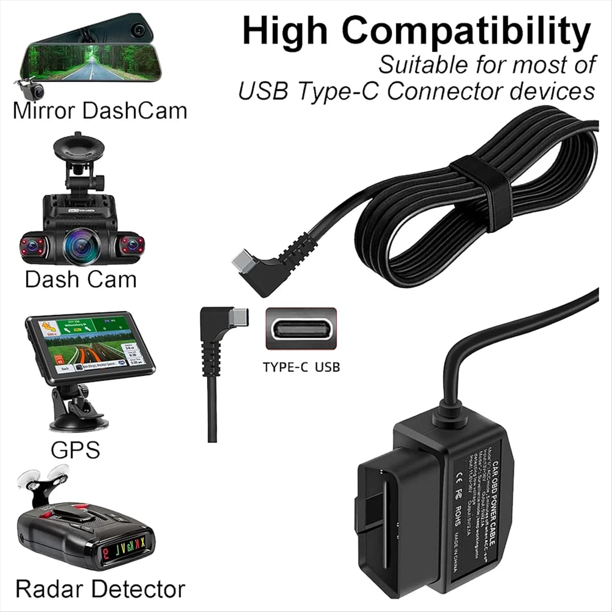 OBD Dash Cam rigid cable kit, USB type C hard cable kit for dashboard camera with OBD power cord for Dashcam from 12-24 V to 5 V/3 A A A009