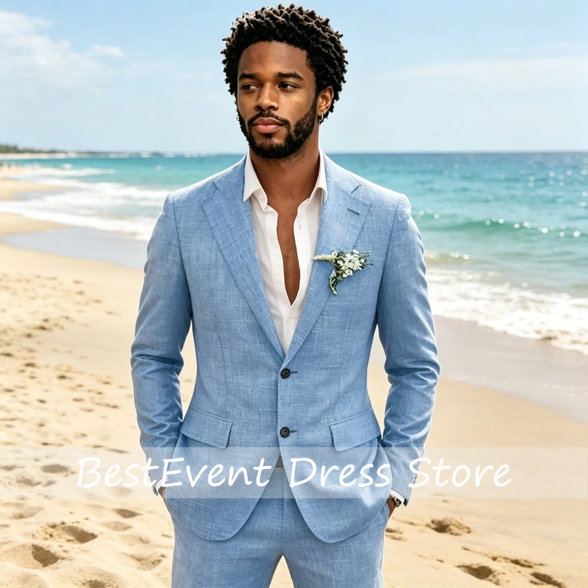 Sky Blue Linen Causal Men Suits for Beach Party Business 2 Pieces Wedding Tuxedos Set Notched Lapel Suit Jacket Pants Customized