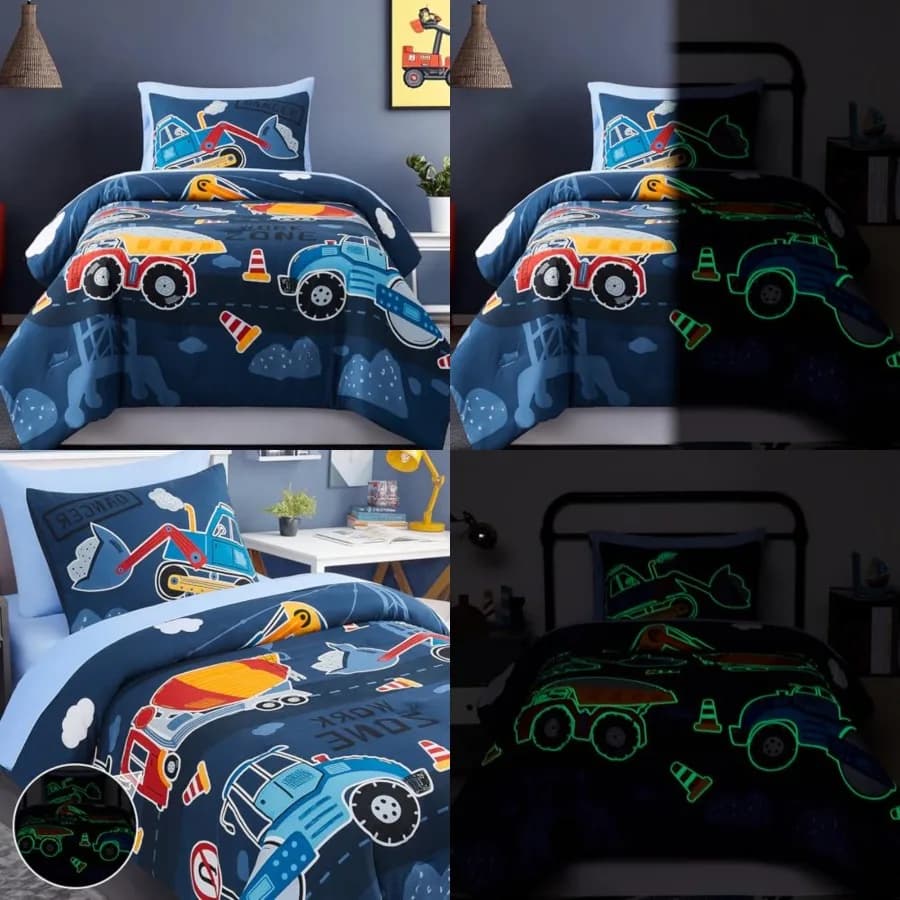 Set Copripiumino per Ragazzi - 5 Pezzi con Camion, Trattore ed Escavatore che si Illuminano al Buio, Set Letto Ultra Morbido in una Borsa con Lenzuola
